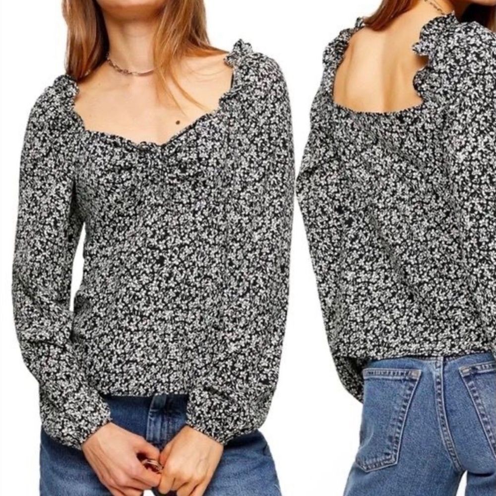 TOPSHOP | Ditsy Floral Black and White Cinched Puff Sleeve Top Women’s Size 6
